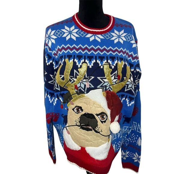 UGLY CHRISTMAS SWEATER FESTIVE HOLIDAY PUG/DOGW SANTA HAT MENS SWEATER SIZE L - Picture 2 of 6